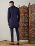 Vastramay Men's Navy Blue Jacquard Sherwani With Kurta Pant Set